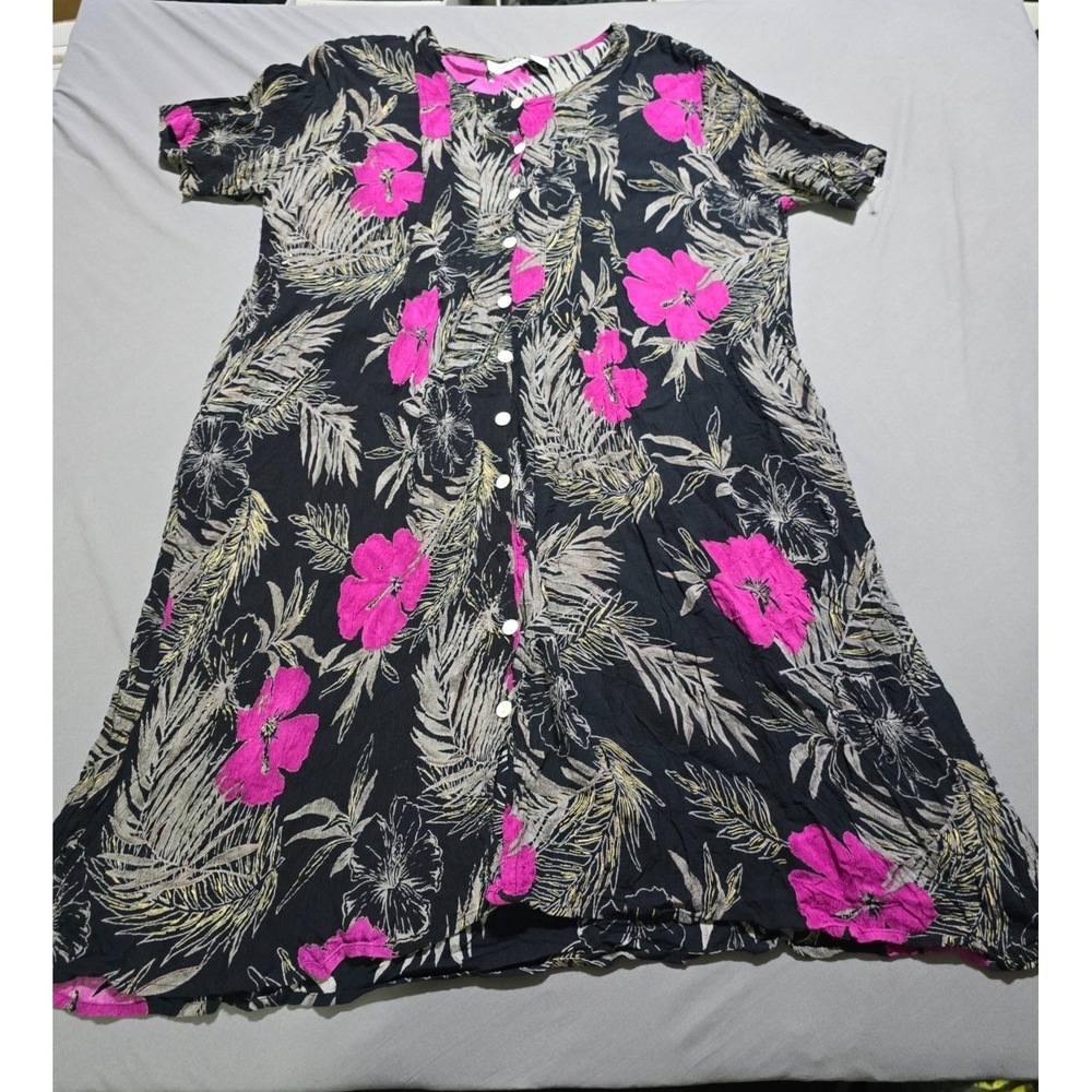 Capistrano Floral Button Front Dress Womens 2X Black Pink Tropical Rayon Midi